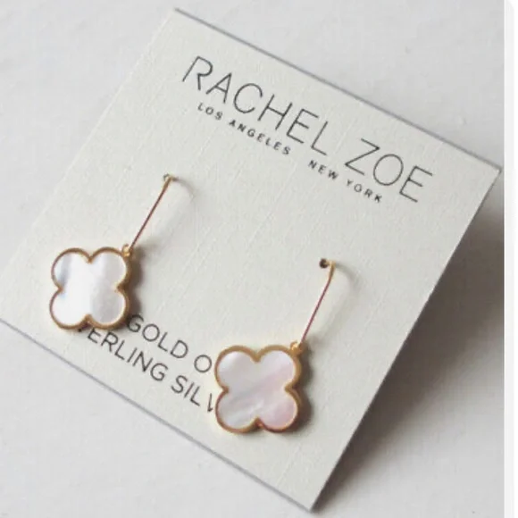 Rachel Zoe | 18K Gold/Sterling Silver Mother Of Pearl Clover Drop Earrings NEW - Picture 2 of 3